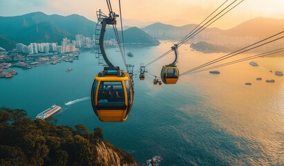 AI generator image of atmosphere while riding the cable car to Ba Na Hills during the winter, a lot of fog, Vietnam, early morning, clear pictures, high quality camera. World-class winning images