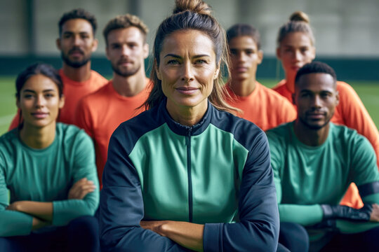 Confident diverse female coach leading mixed gender soccer team - Powered by Adobe