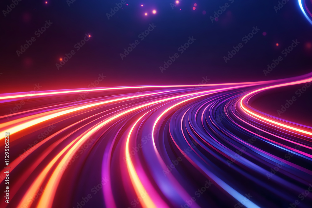 Poster Vibrant neon light trails creating dynamic patterns in a dark space.