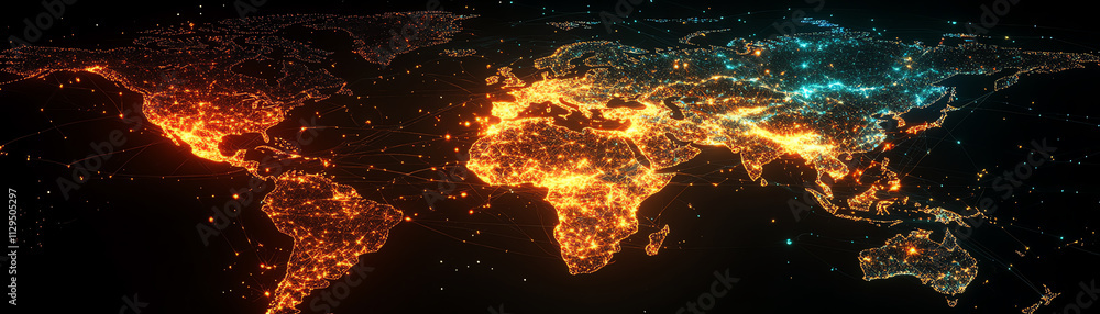 Poster An illuminated map of the world showcasing technology and connectivity.