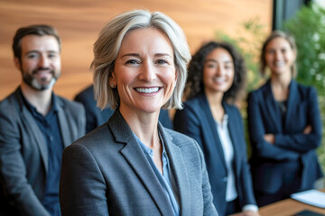Confident caucasian female leader with diverse team in business setting