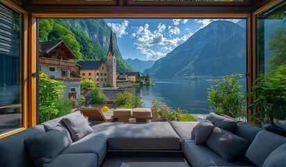 Fototapeta premium AI-generated images of Sofa, white marble background, European-style sofa with gold and silver embellishments,cozy, in a room with luxurious mirror room Overlooking the views of Hallstatt, Austria 