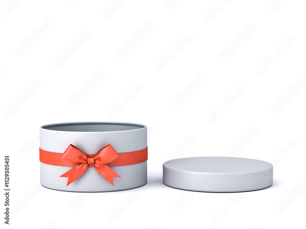 Poster Minimal white round present box open with red ribbon and bow or opening blank cylinder gift box product display mockup isolated on white background with shadow creative idea concepts 3D rendering