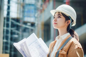 Young asian female architect at construction site with blueprints