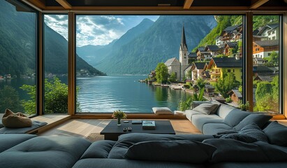 Fototapeta premium AI-generated images of Sofa, white marble background, European-style sofa with gold and silver embellishments,cozy, in a room with luxurious mirror room Overlooking the views of Hallstatt, Austria 