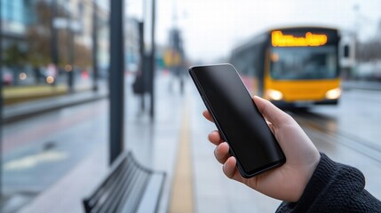 Person holding a smartphone with a blank screen at a bus stop on a rainy day. Urban transport navigation
