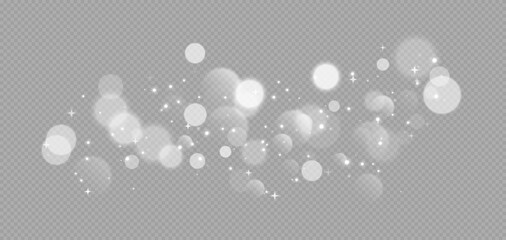 White bokeh with stars and sparkles, shiny overlay decoration isolated on grey background. Vector illustration. © Likanaris