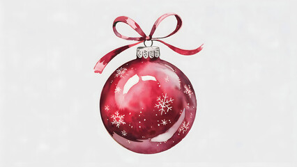 Elegant Watercolor Illustration of a Red Christmas Bauble with Snowflake Motif and Ribbon