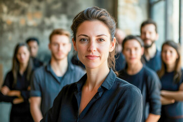 Fototapeta premium Confident caucasian female leader with diverse team in modern office setting