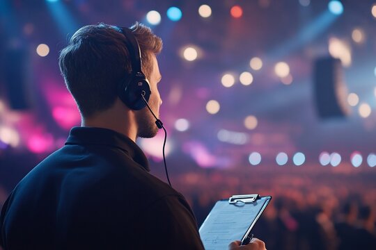 A technician monitors an event with a clipboard and headset.