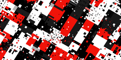 Abstract pixelated patterns in high-contrast colors like red, white, and black, creating a chaotic digital effect.
