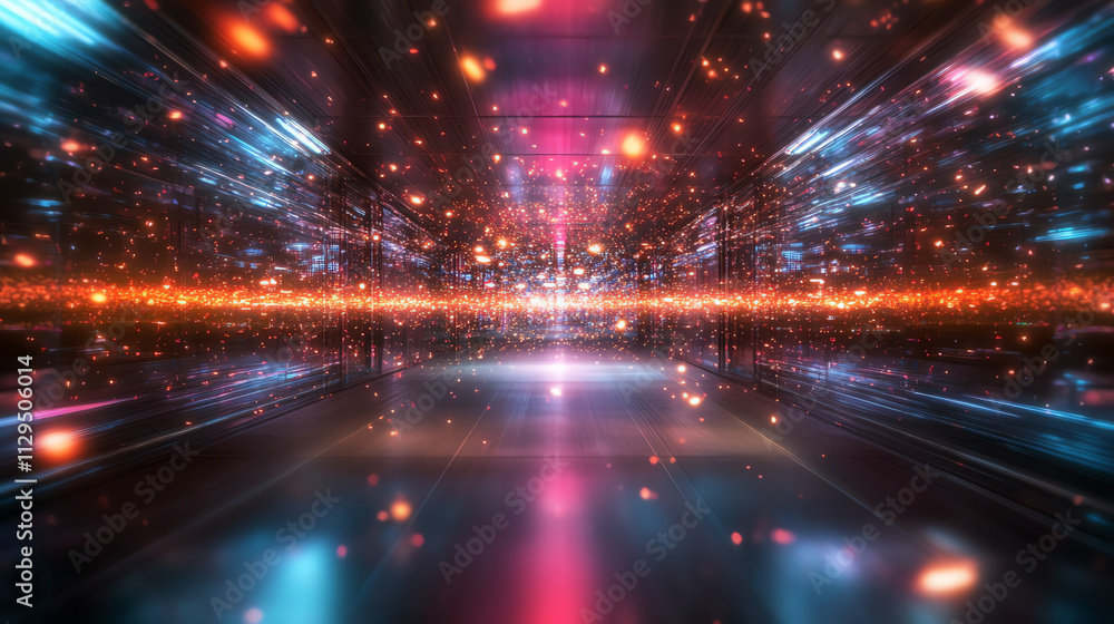 Poster futuristic abstract digital background with vibrant glowing lights and particles.