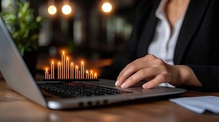 A focused businesswoman of Asian descent works on her laptop with digital analytics overlaid, symbolizing productivity.
