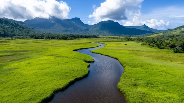 A breathtaking aerial view of a lush, green landscape with a winding river and majestic mountains in the background.