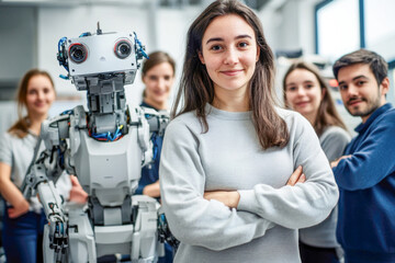 Diverse group of young adults collaborating with humanoid robot in tech workshop