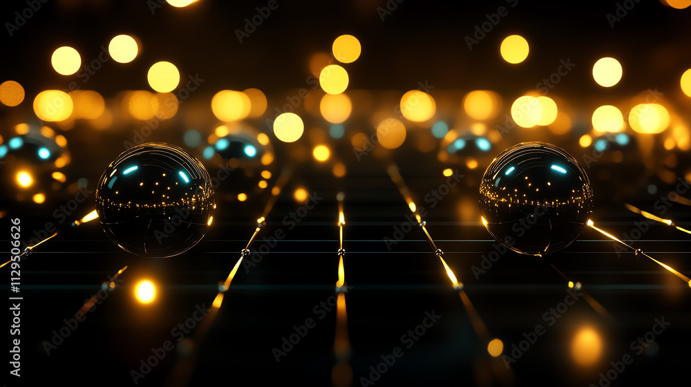 Poster abstract design featuring reflective spheres and glowing lights in a digital environment.
