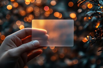 hand holding clear straightforward commerce card/ mockup/template in obscured brilliant bokeh foundation,