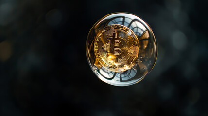 Financial economic bubble bitcoin. Cryptocurrency on background of stock exchange charts line.