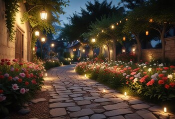 Obraz premium Illuminated garden path with festive lanterns and flowers, soft lighting, holiday decorations