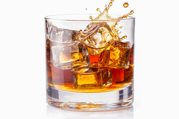 Splashes of whiskey in a glass with ice cubes