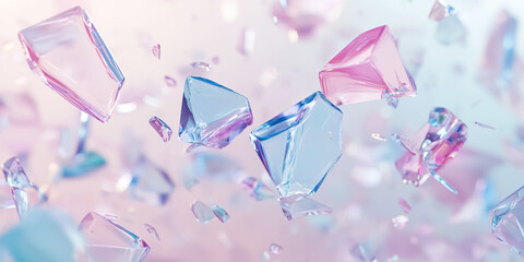 Semi-transparent glass shards in soft pastel hues of pink, blue, and lavender, floating in a minimal white background with scattered light reflections.