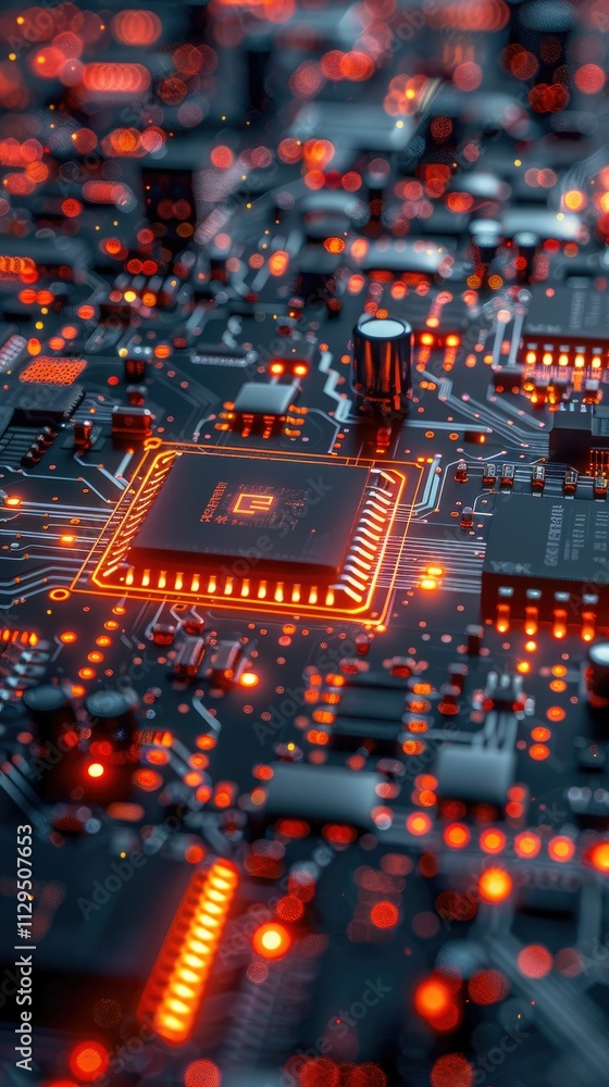 Poster close-up of illuminated circuit board with central processor.
