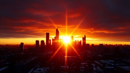 Fototapeta premium A stunning sunset over a city skyline, with vibrant orange and yellow hues illuminating the buildings.