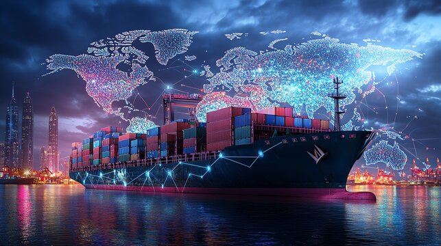 Futuristic cargo ship with global network overlay in vibrant city harbor.