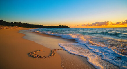 Obraz premium Beautiful sunset over a tranquil beach with gentle waves and soft sand creating a serene atmosphere at dusk