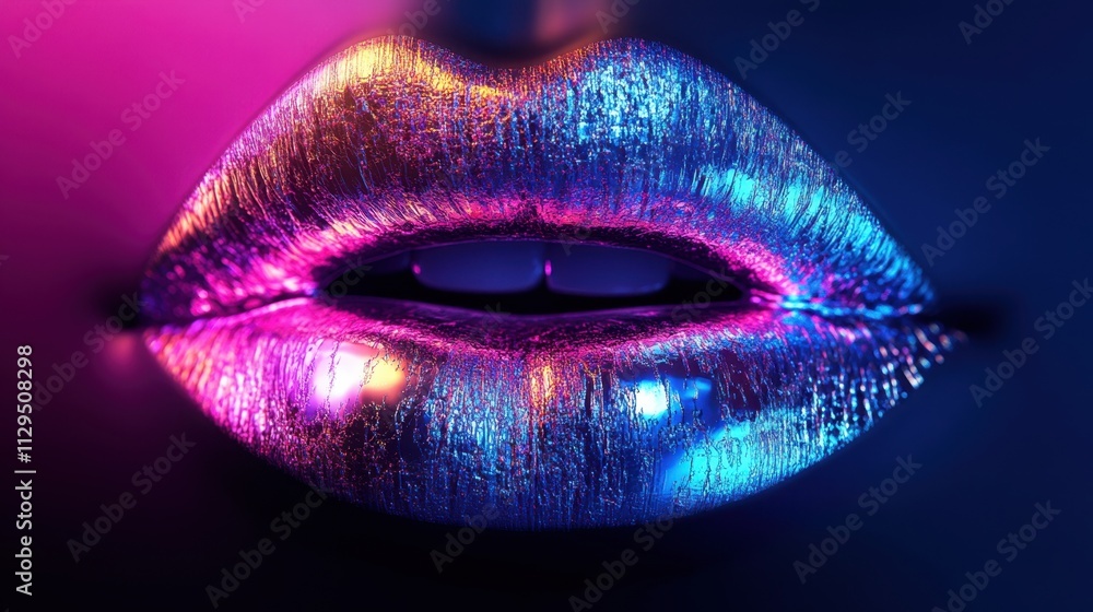 Poster lips are enhanced with glowing neon colors, creating a striking visual contrast against a dark backg