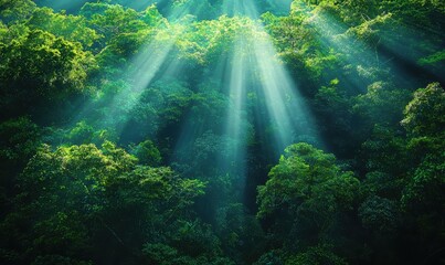 A serene forest scene with sunlight filtering through lush green trees, creating a tranquil atmosphere filled with vibrant natural beauty.