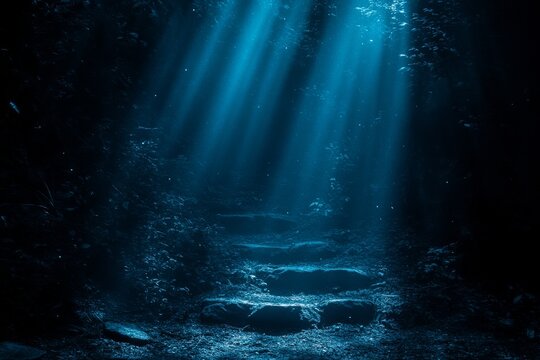 Dark forest trail illuminated by mystical moonbeams
