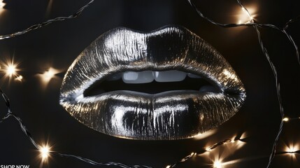 Glossy metallic lips shine brightly among twinkling fairy lights, achieving a bold and glamorous...