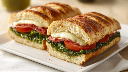 Delicious Italian Sub Sandwich  Mozzarella  Tomato  Salami  Spinach