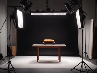 A professional studio setup with a black background, a table in the center for product display, and a white gradient backdrop from light to dark gray