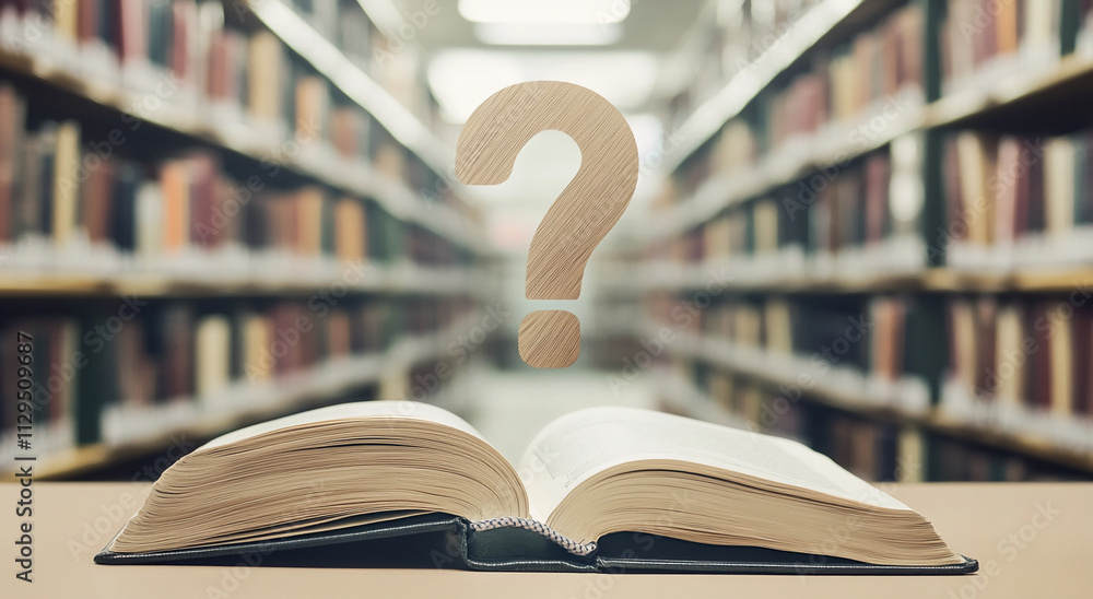 Poster Open book on table with question mark symbolizing curiosity in a library setting