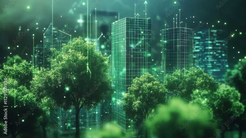 Poster urban landscape showcases the integration of artificial intelligence in sustainable finance.