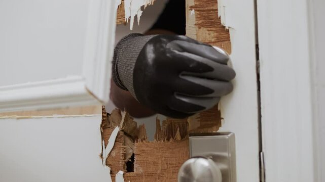 A gloved hand reaches through a hole smashed on a door and it unlocks the latch and opens it.
