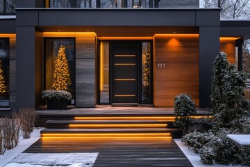 Modern home entrance with minimalist winter decorations and illuminated doorway