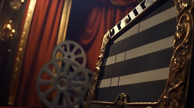 Classic Film Clapperboard and Reel Before Red Curtains