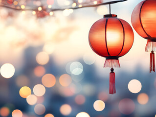 Asian red traditional lanterns. Oriental illustration for Chinese New Year, Mid-autumn festival, Tanabata. Asian decor cover, banner, poster, greeting card Chinese lantern festival with copy space. 