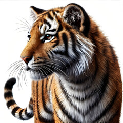Obraz premium A Cute Young Tiger isolated on a white background, Side view, tiger standing full HD image generated by Ai. full body, realistic, full detail looking at the camera, 