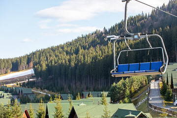 ski lift without people on a sunny day on the slope. Leisure. school break