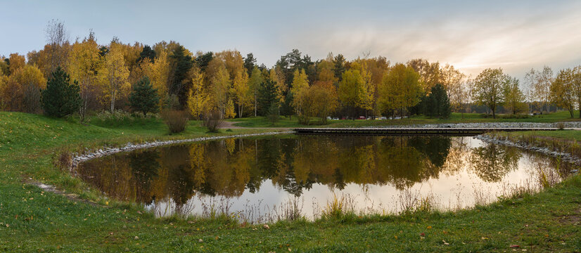 Moscow region. October 12, 2021. Beautiful autumn landscape in Meshchersky Park at sunset.