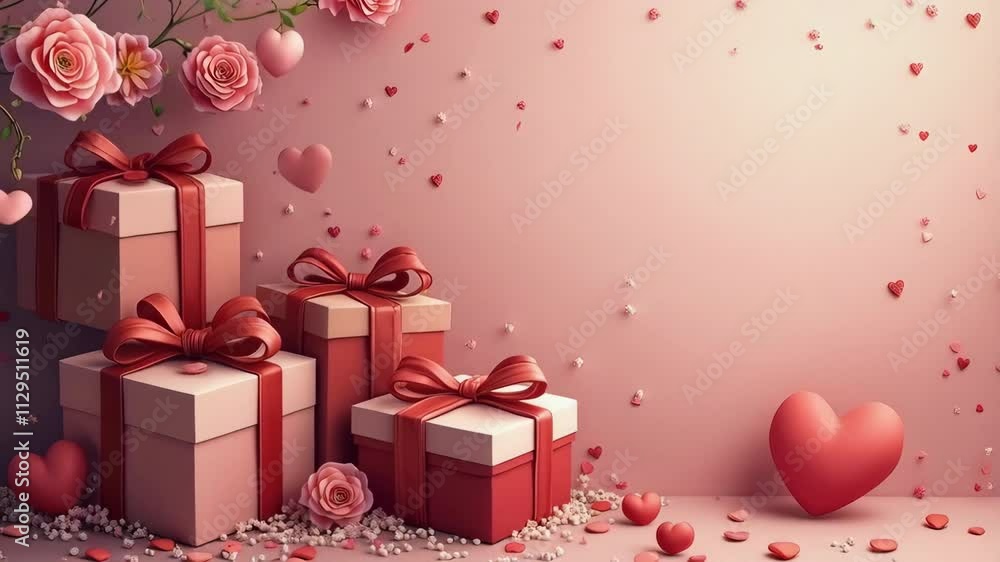 Aufkleber a pink background with a bunch of red boxes with bows on them. the boxes are arranged in a pyramid s