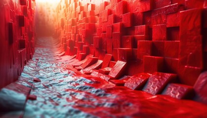 A red wall with red blocks and a blue water line