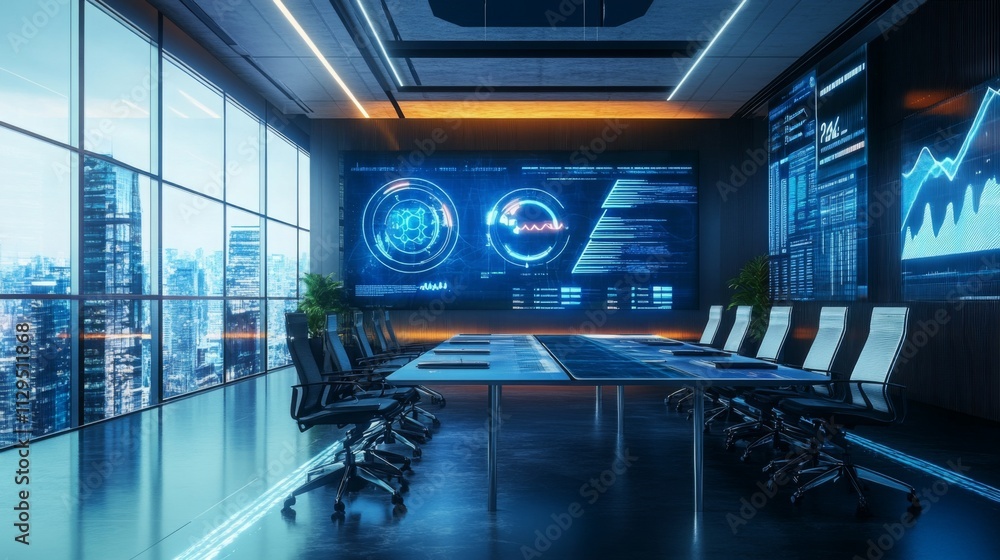 Poster a sleek conference room with a large table and ergonomic chairs features advanced technology display
