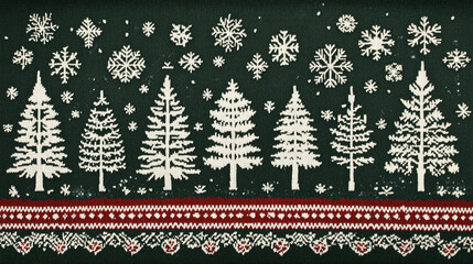 Festive Winter Knit Pattern  Green Christmas Trees  Snowflakes  Red Border