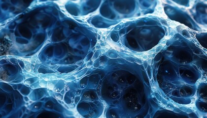 The image is a close up of a blue, jelly-like substance with many small holes