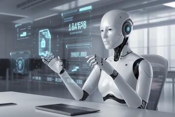 Futuristic robot interacting with digital interface in modern office setting.
